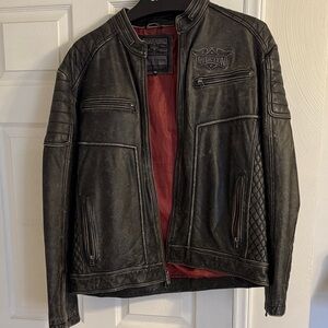 Affliction Black Leather Bomber Jacket with Red Lining